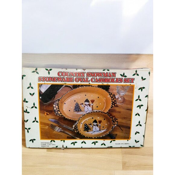 Country Snowman Stoneware Oval Casserole Set - Picture 7 of 11